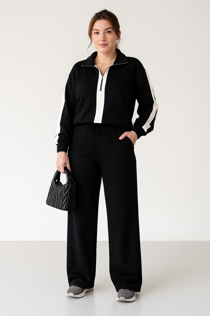 Women's Two-piece Set – Casual Fit Zip Collar Top & Wide Pants – Breathable Design