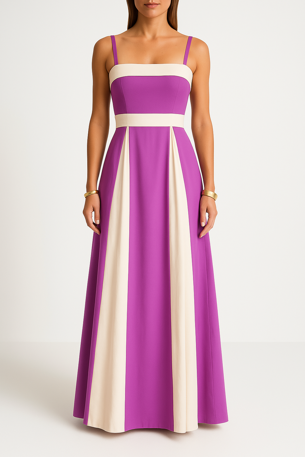 Dress for Women – Maxi Length – A-line Cut – Straps – Color Block – Elegant Party Dress