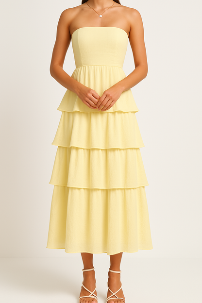 Dress for Women – Strapless Midi – Slim Fit – Lightweight Fabric with Layered Ruffles