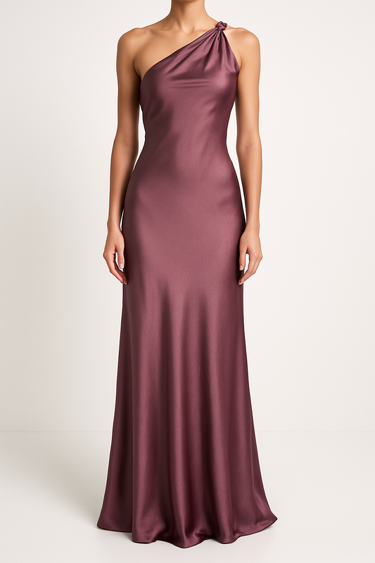 Women’s Evening Gown - Satin Feel - Slim Fit - One Shoulder Draped Formal Dress