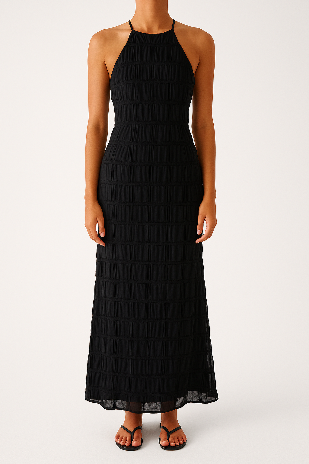 Women's Maxi Dress – Fitted Silhouette – Halterneck – Ruched Texture – Open Back