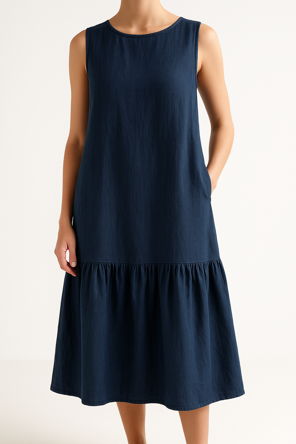 Women's Midi Dress – Sleeveless – Loose Fit – Linen Blend – Ruffle Hem – Casual