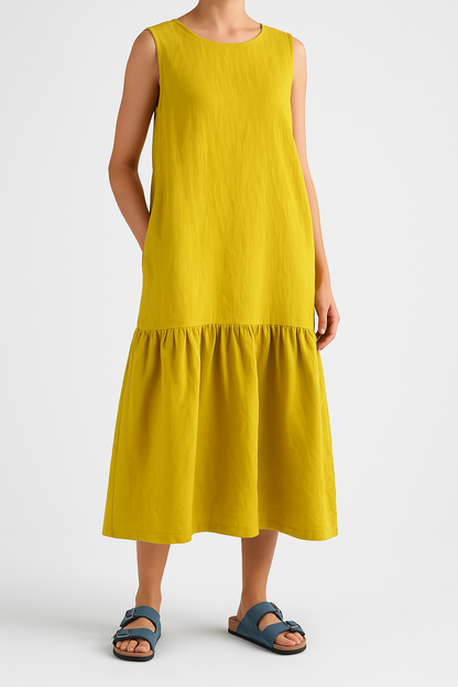 Women's Midi Dress – Sleeveless – Loose Fit – Linen Blend – Ruffle Hem – Casual