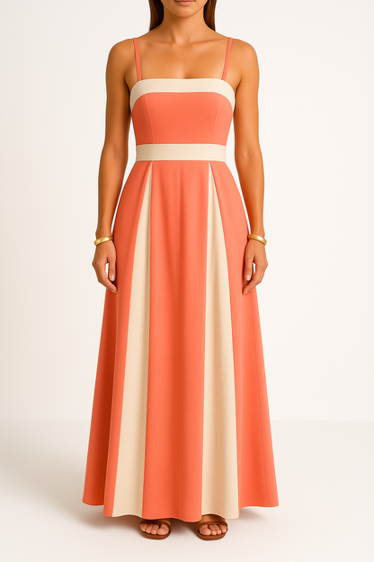 Dress for Women – Maxi Length – A-line Cut – Straps – Color Block – Elegant Party Dress