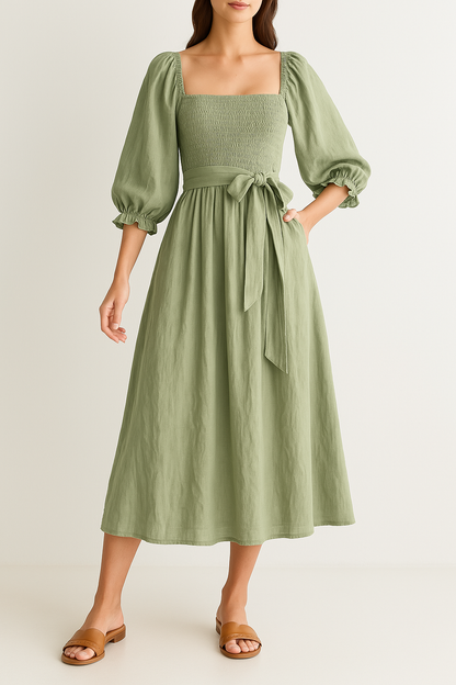 Dress for Women – A-line Fit – Smocked Bodice – Puff Sleeves – Reversible Design