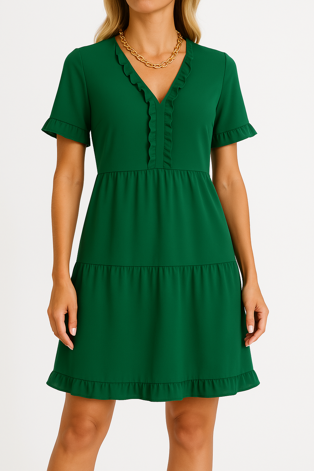 Women's A-line Dress – V-neck – Ruched Details – Layered – Short Sleeves – Loose Fit