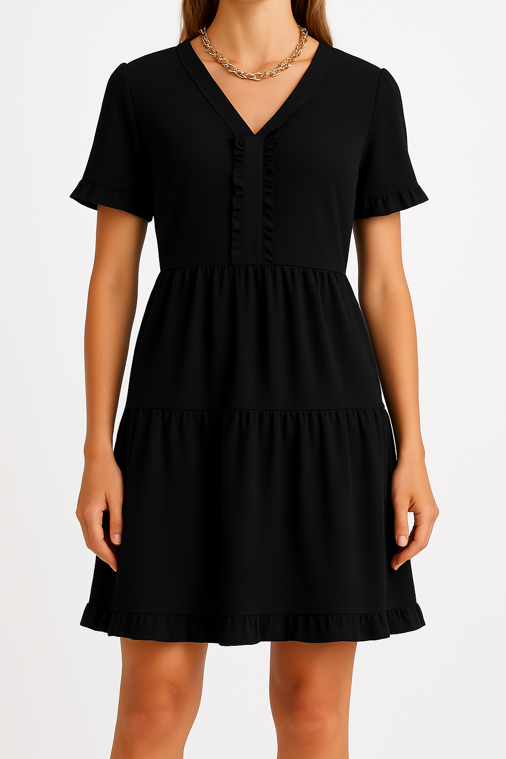 Women's A-line Dress – V-neck – Ruched Details – Layered – Short Sleeves – Loose Fit