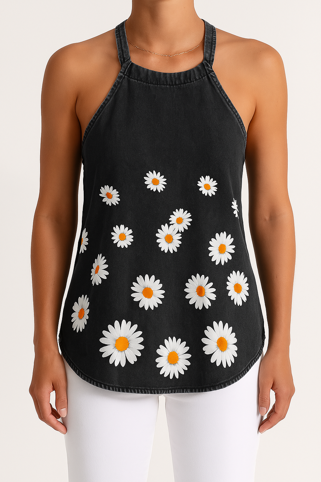 Women's Top – Light Denim – Relaxed Fit – Spaghetti Straps – Floral Print