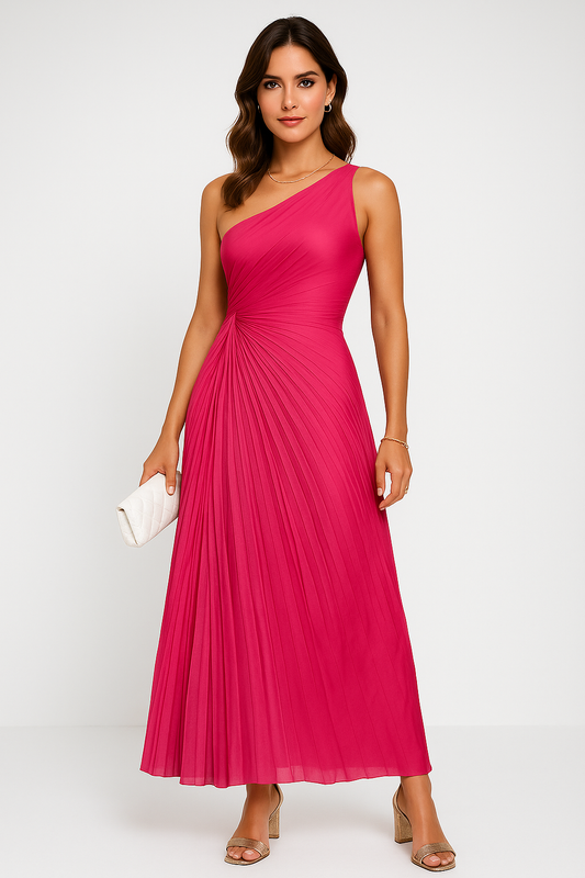 Dress for Women – Maxi Dress – One Shoulder – Ruched Waist – Pleated Skirt – Elegant Fit
