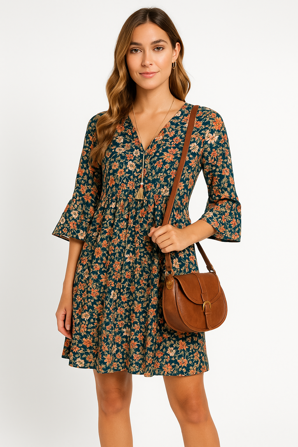 Women's Dress – A-line Fit – V-neck – 3/4 Trumpet Sleeves – Floral Print