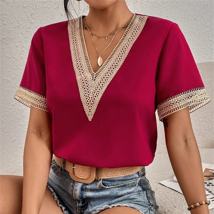 Women's T-shirt - V-neck with Lace - Short-sleeved Loose Fit - Elegant & Comfortable