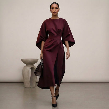 Relaxed Fit Belted Draped Midi Dress for Women – Elegant Stylish Comfort