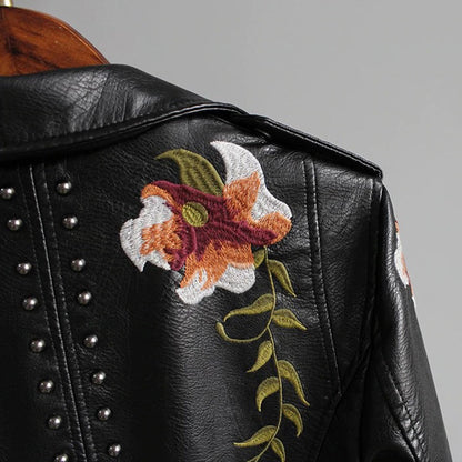 Lisa Leather Biker Jacket - Floral Embroidery