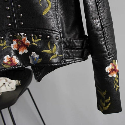 Lisa Leather Biker Jacket - Floral Embroidery