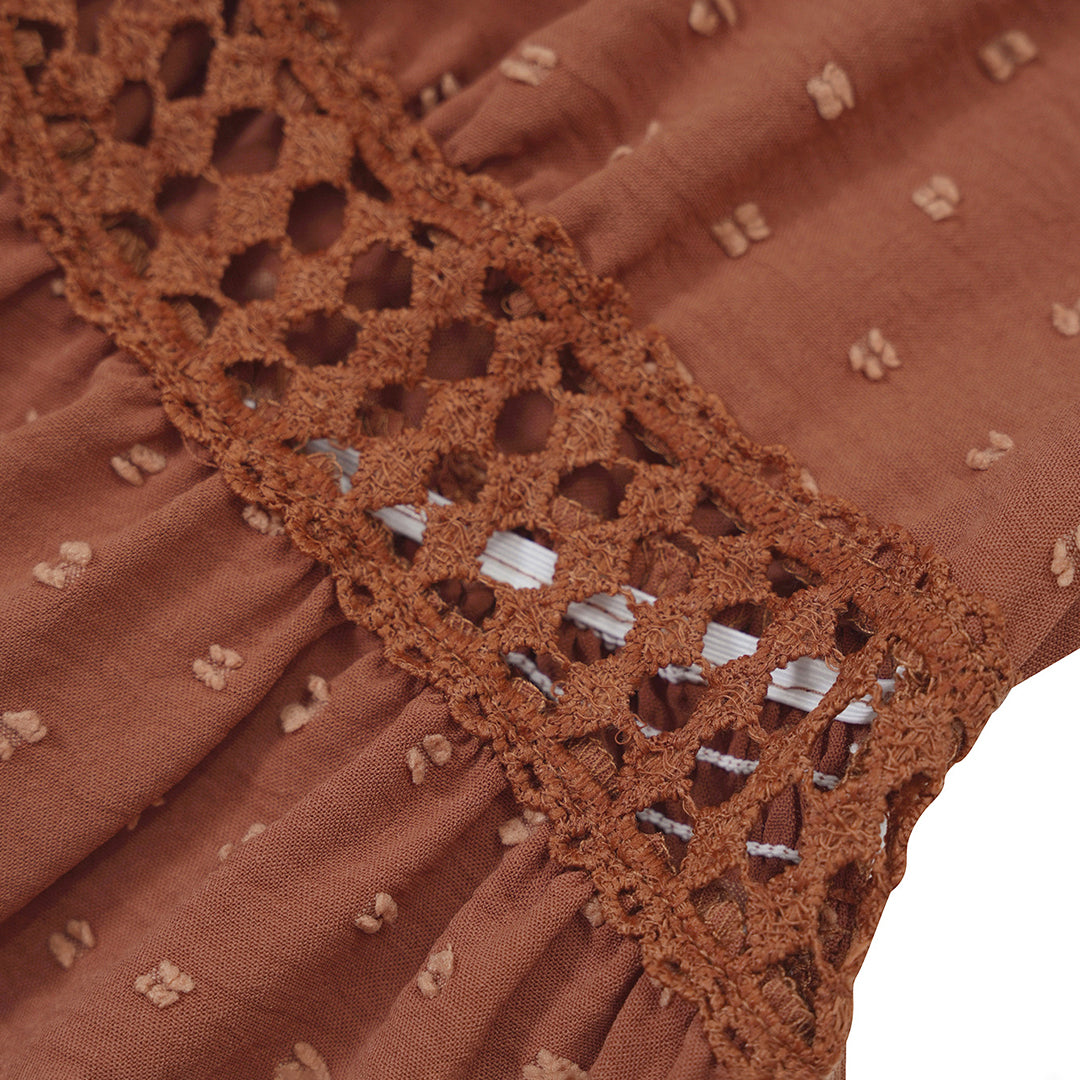 Women's Dress - A-Line Fit - V-Neck - Short Ruffle Sleeves - Elegant Waist Detail