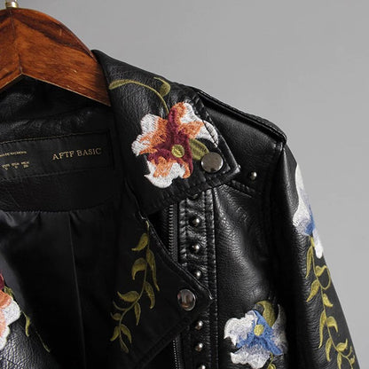 Lisa Leather Biker Jacket - Floral Embroidery