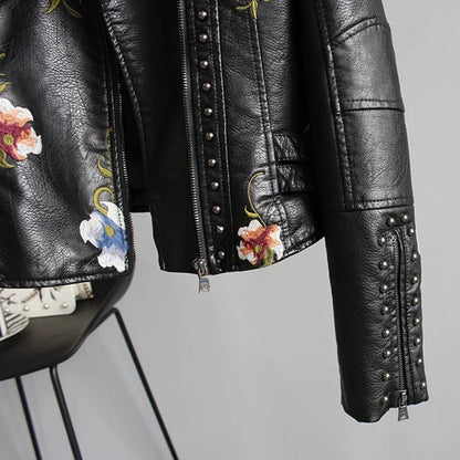 Lisa Leather Biker Jacket - Floral Embroidery