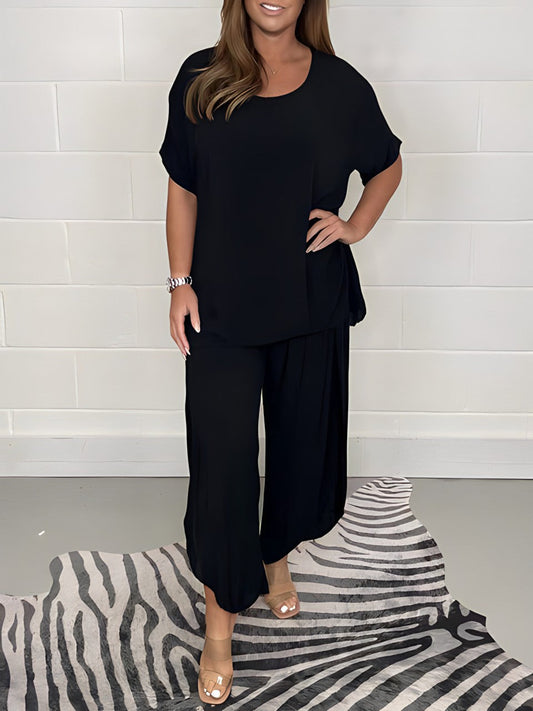 Women's Two-piece Set - Loose Fit - Short-sleeved Top & Wide Pants - Comfortable Casual Look
