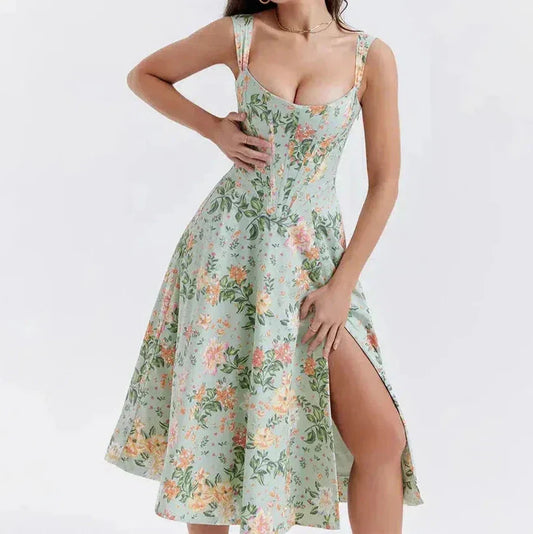 Dress for Women – Corset Design – Floral Print – Slit – Breathable Fabric – Midi Length