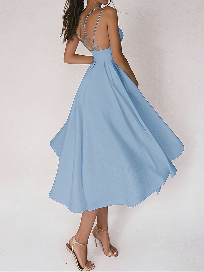 Women's Party Dress - V-Neck - Spaghetti Straps - Fitted Waist - Long A-Line Skirt