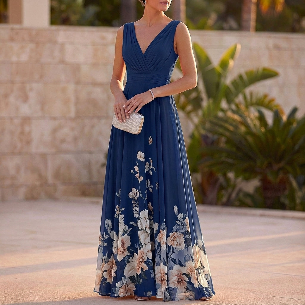 High-Waisted Pleated A-Line Maxi Dress for Women – Elegant Floral Style