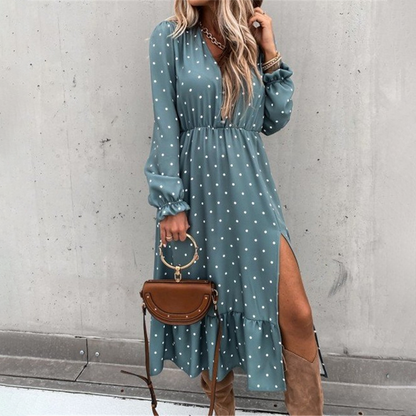 Women's Midi Dress - V-neck - Short Puff Sleeves - Fitted Waist - Floral Print - Slit