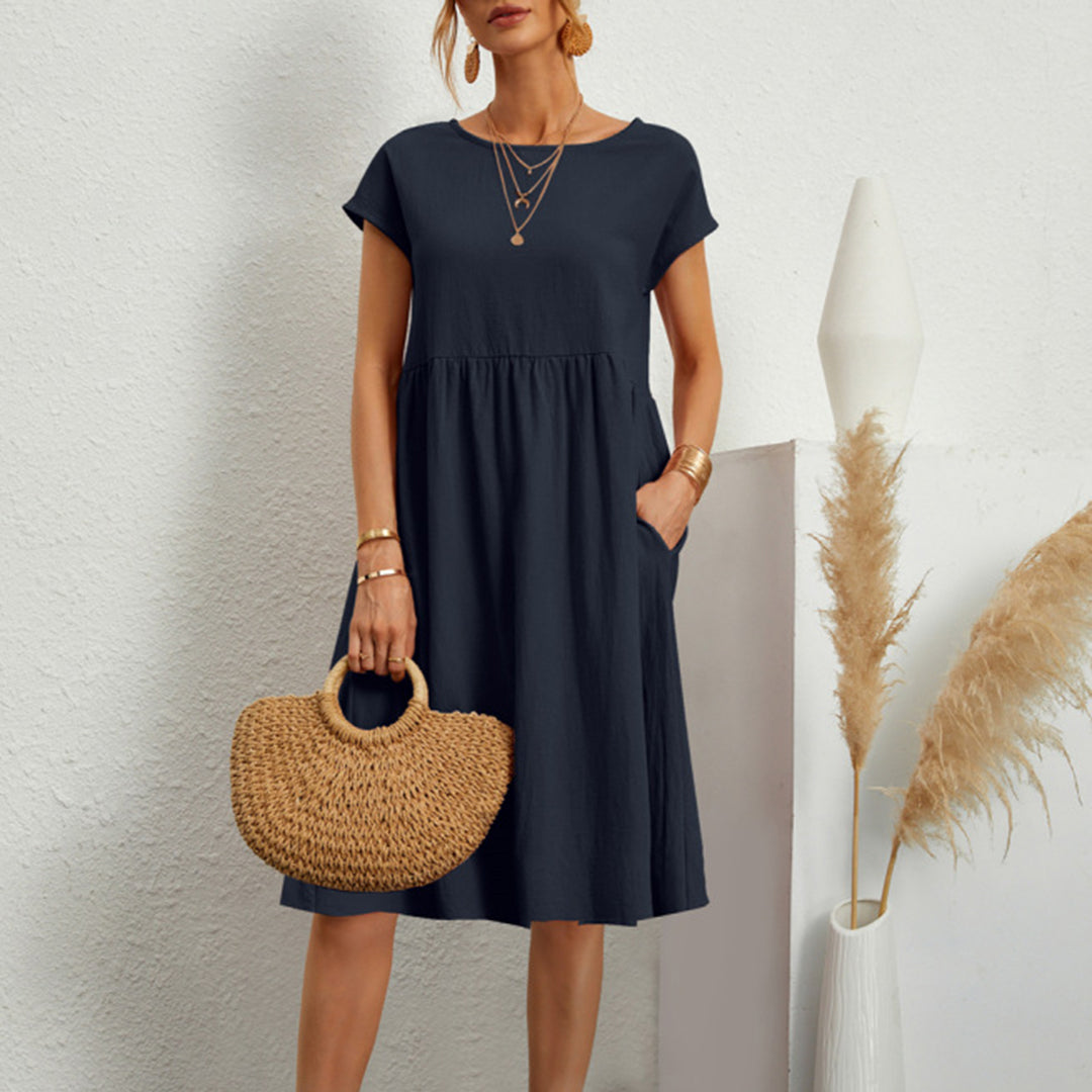 Women's Dress - Loose Fit - Round Neck - Short Sleeves - Light and Breathable