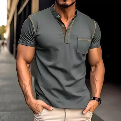 Men's Henley T-shirt - Button Closure - Chest Pocket - Short Sleeved - Slim Fit