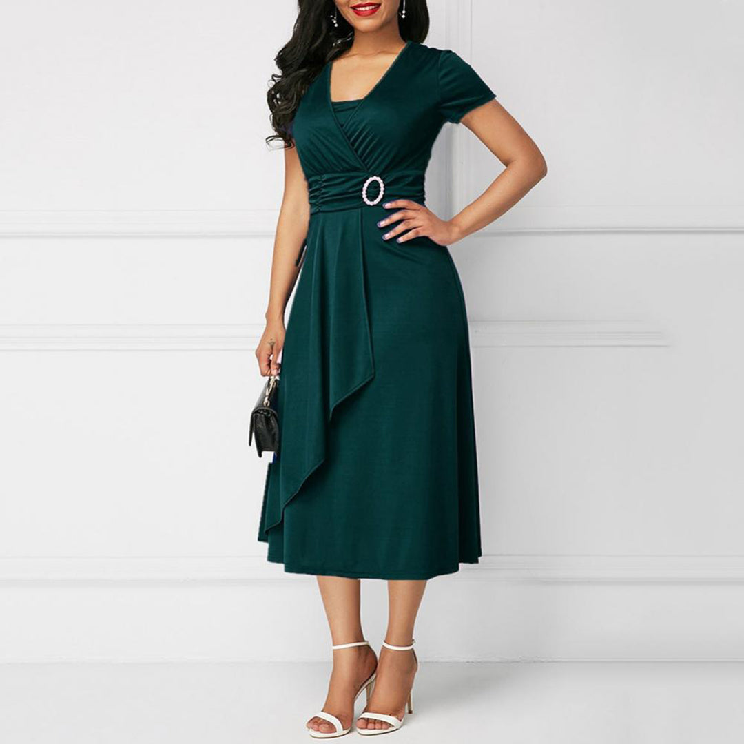 Women's Midi Dress - Wrap Design - V-Neck - Short Sleeves - Elegant Waist Belt