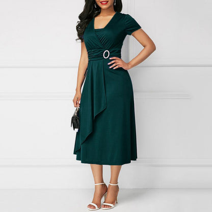 Women's Midi Dress - Wrap Design - V-Neck - Short Sleeves - Elegant Waist Belt