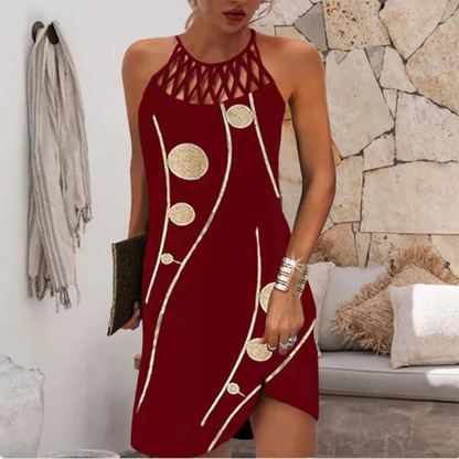 Women's Mini Dress - Sleeveless Halterneck - Embellished Pattern - Relaxed Fit