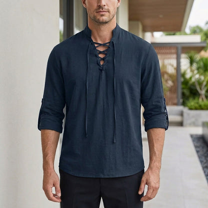 Relaxed Fit Lace-Up Stand Collar Henley Shirt for Men – Comfortable Casual Style