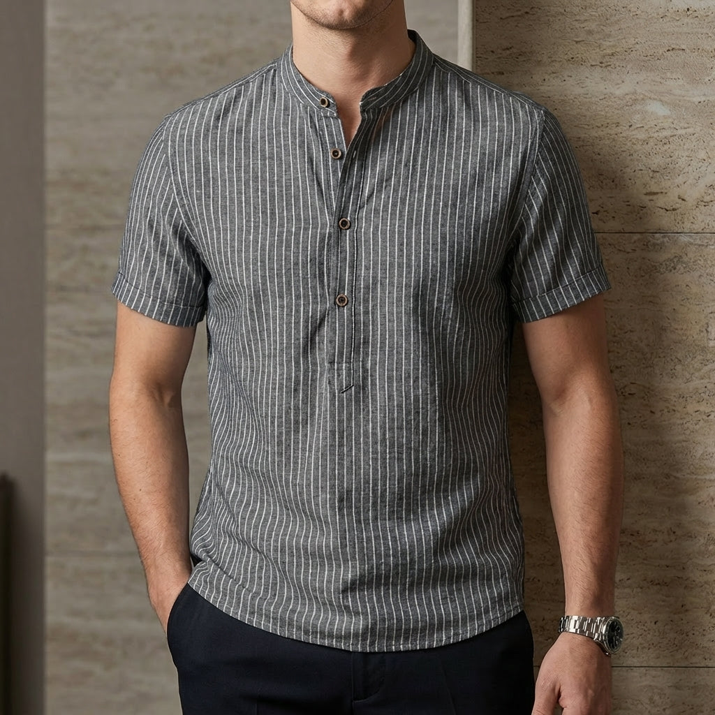 Relaxed Fit Striped Band Collar Shirt for Men – Casual Stylish Comfort