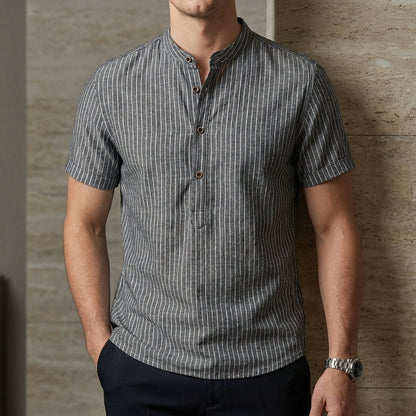 Relaxed Fit Striped Band Collar Shirt for Men – Casual Stylish Comfort