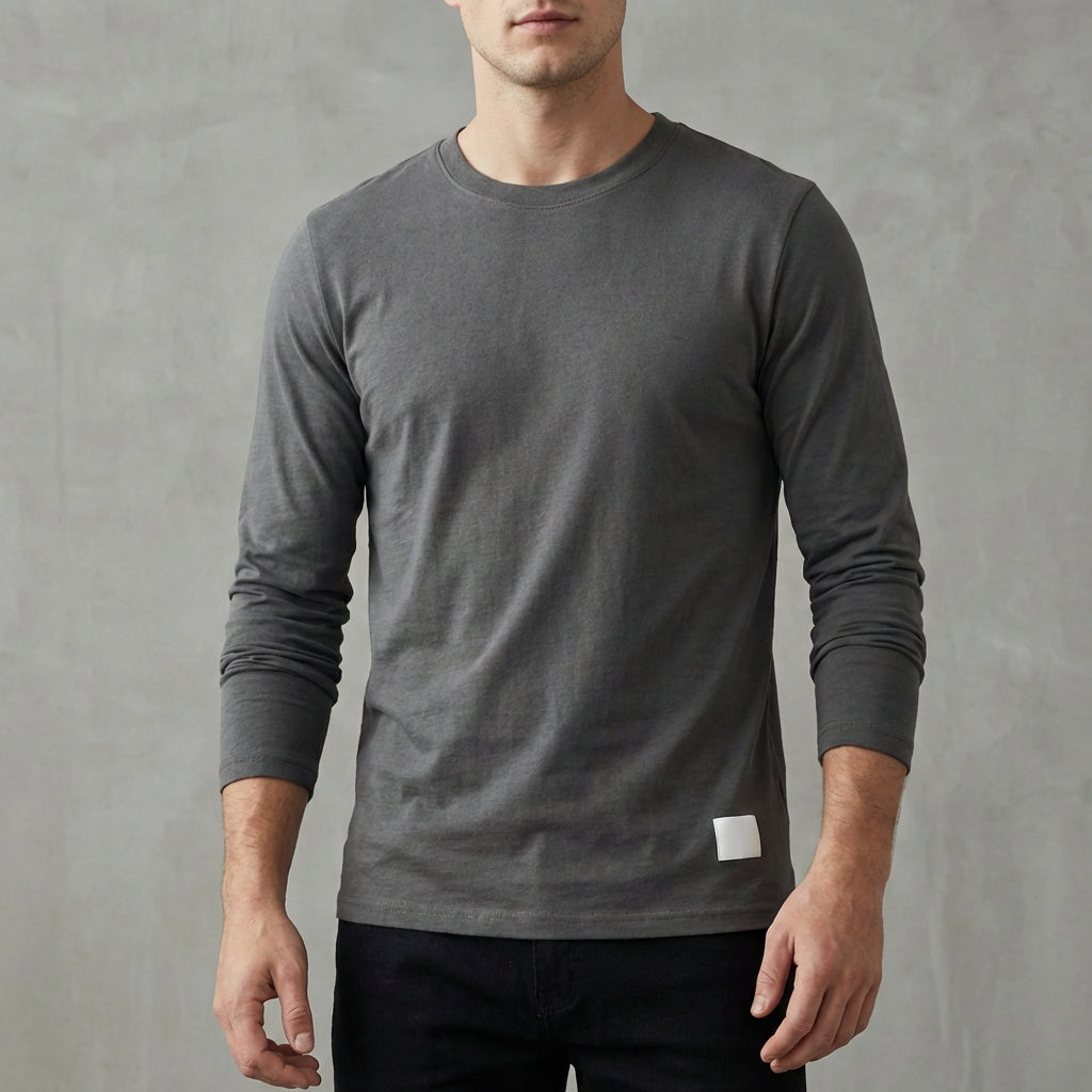 Regular Fit Solid Crewneck Long Sleeve T-Shirt for Men – Classic Casual Comfort