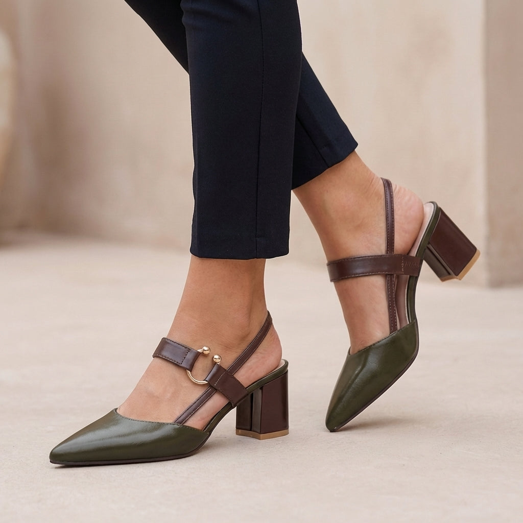 Colorblock Pointed Toe Block Heel Slingback Pumps for Women – Stylish & Comfortable Design
