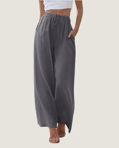 Women's Trousers – Wide Fit – Linen Blend – Drawstring Closure – With Side Pockets