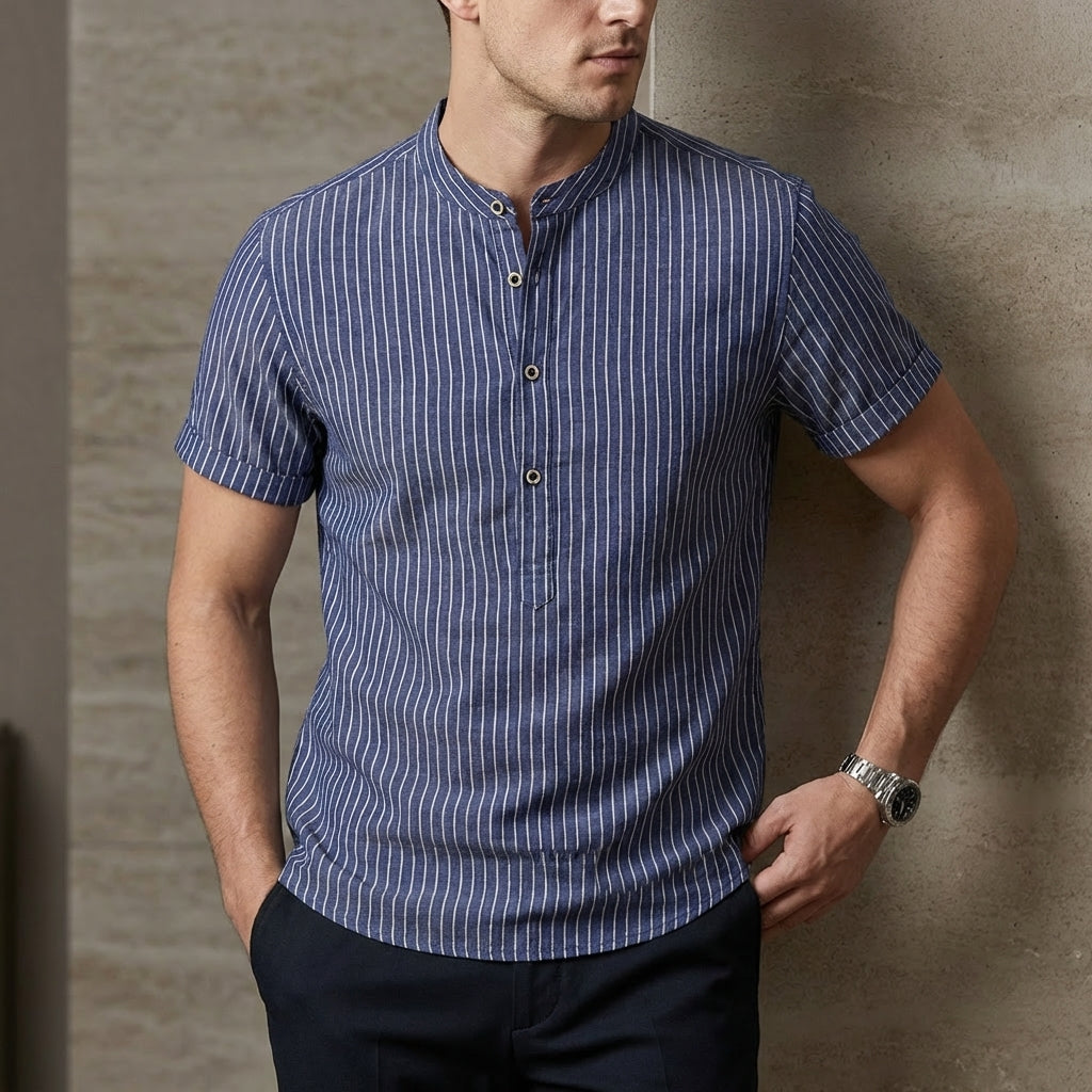 Relaxed Fit Striped Band Collar Shirt for Men – Casual Stylish Comfort