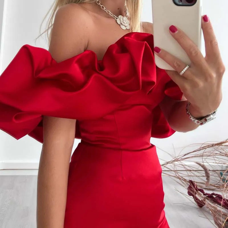 Women's Off-Shoulder Mini Dress - Elegant Ruffle Sleeves - Fitted Party Dress