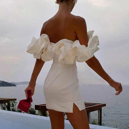 Women's Off-Shoulder Mini Dress - Elegant Ruffle Sleeves - Fitted Party Dress