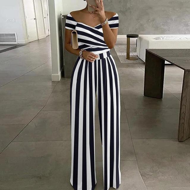 Women's Jumpsuit – Off Shoulder – Floral Print – Short Sleeve – Wide Legs – Elegant Fit