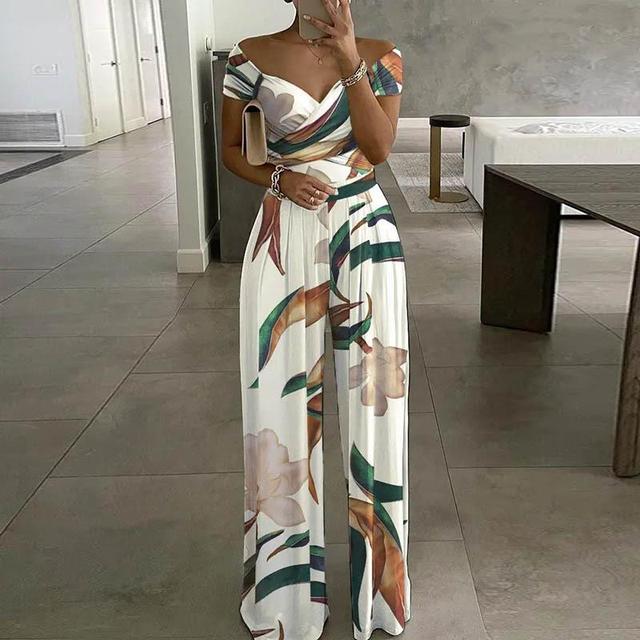 Women's Jumpsuit – Off Shoulder – Floral Print – Short Sleeve – Wide Legs – Elegant Fit