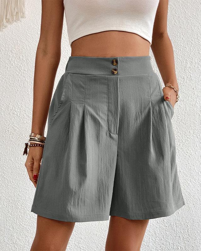 Women's Shorts - High-Waisted - Tailored Fit - With Pockets - Button Closure