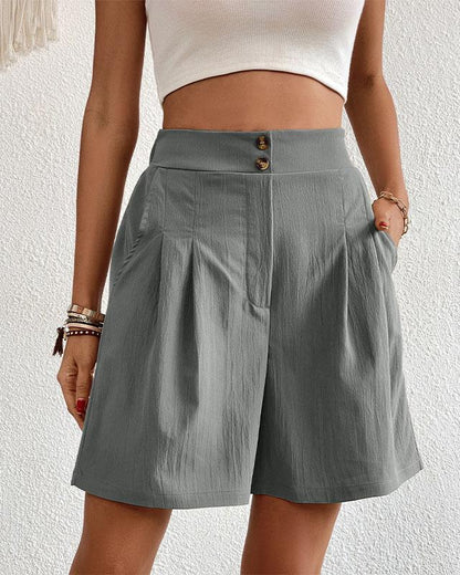 Women's Shorts - High-Waisted - Tailored Fit - With Pockets - Button Closure