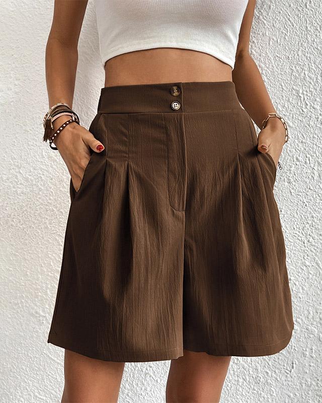 Women's Shorts - High-Waisted - Tailored Fit - With Pockets - Button Closure