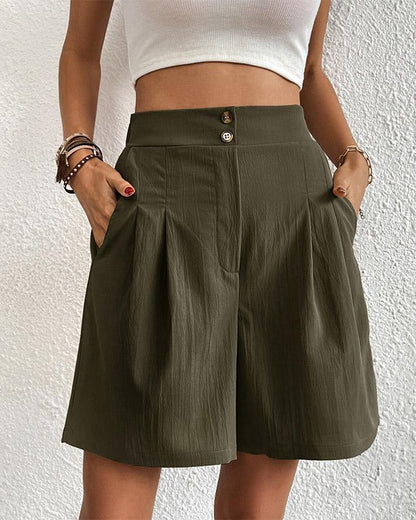 Women's Shorts - High-Waisted - Tailored Fit - With Pockets - Button Closure