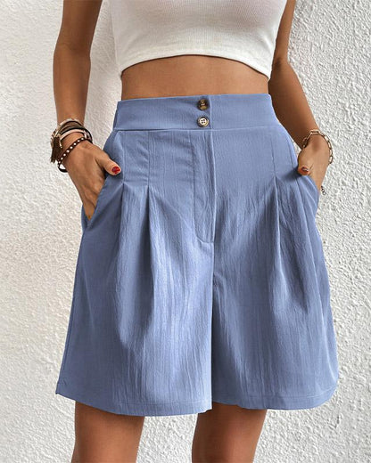 Women's Shorts - High-Waisted - Tailored Fit - With Pockets - Button Closure