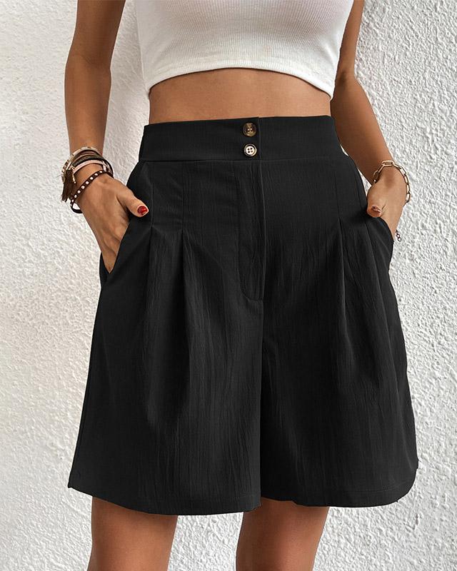 Women's Shorts - High-Waisted - Tailored Fit - With Pockets - Button Closure
