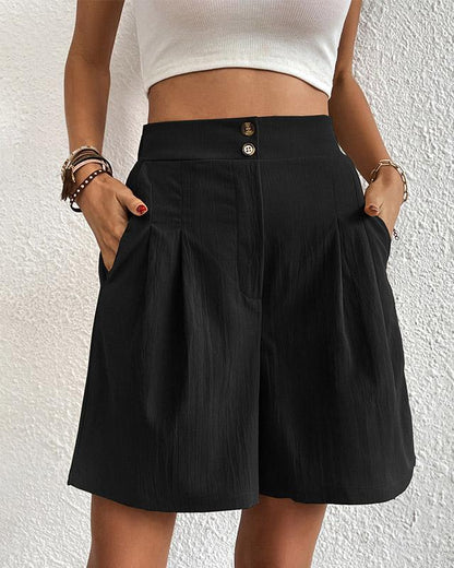 Women's Shorts - High-Waisted - Tailored Fit - With Pockets - Button Closure
