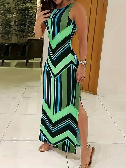 Women's Maxi Dress - Sleeveless - High Neck - Side Slit - Geometric Pattern
